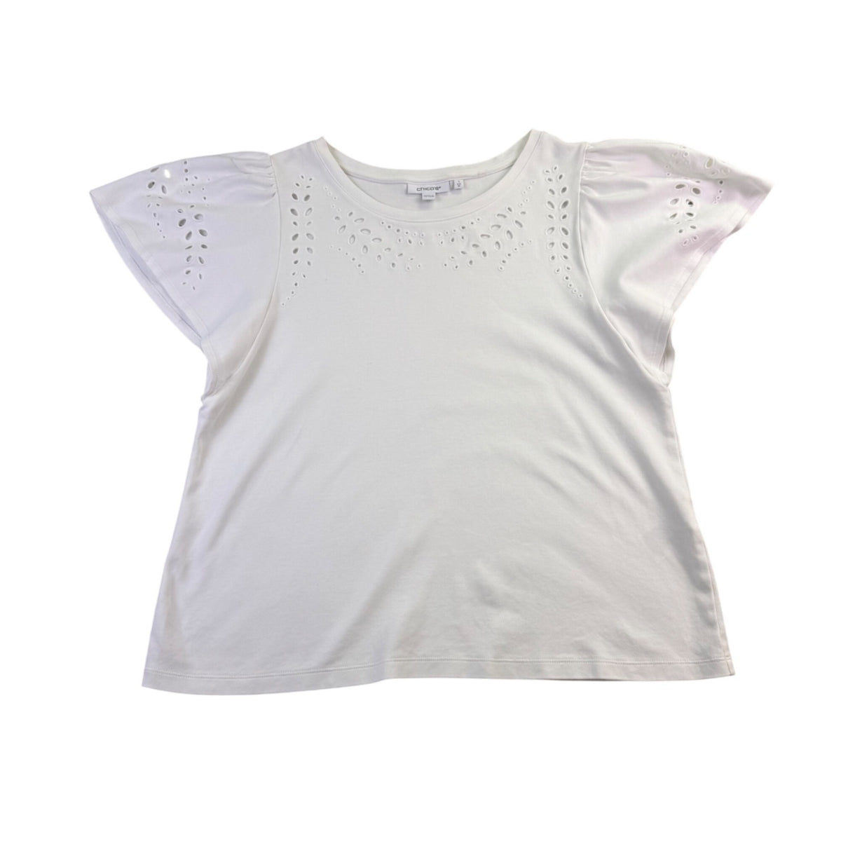 Chicos Womens White Cotton Eyelet Flutter Sleeve Blouse Size 1 US M