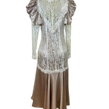 Vintage Cachet Women’s Beige & Ivory Lace Satin Puff Sleeve Midi Dress