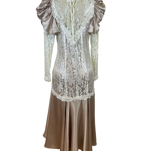 Vintage Cachet Women’s Beige & Ivory Lace Satin Puff Sleeve Midi Dress