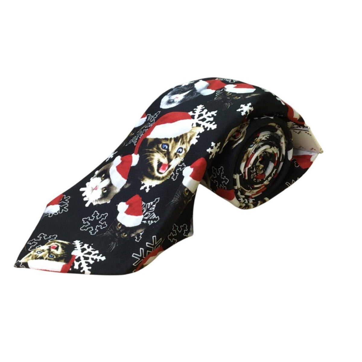 Knotty & Nice Mens Black Polyester Christmas Cats Santa Snowflakes Tie OS