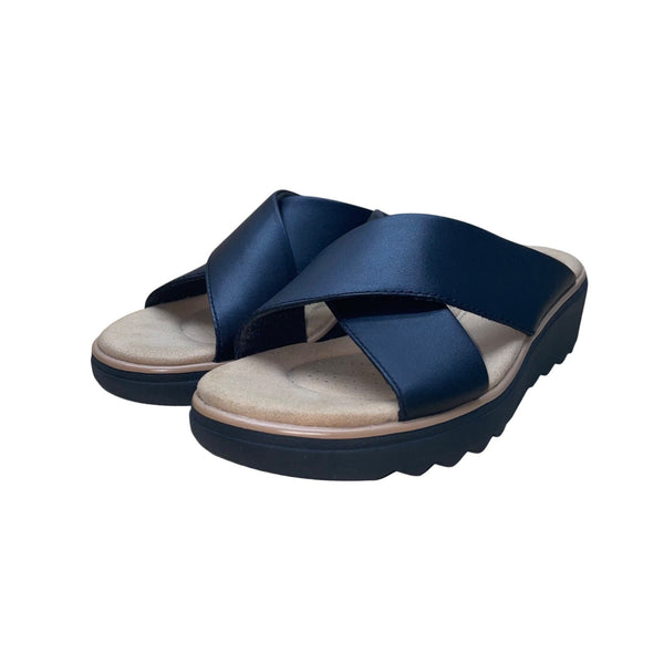 Clarks Collection Women’s Black Criss-Cross Comfort Wedge Slide Sandals Size 7.5