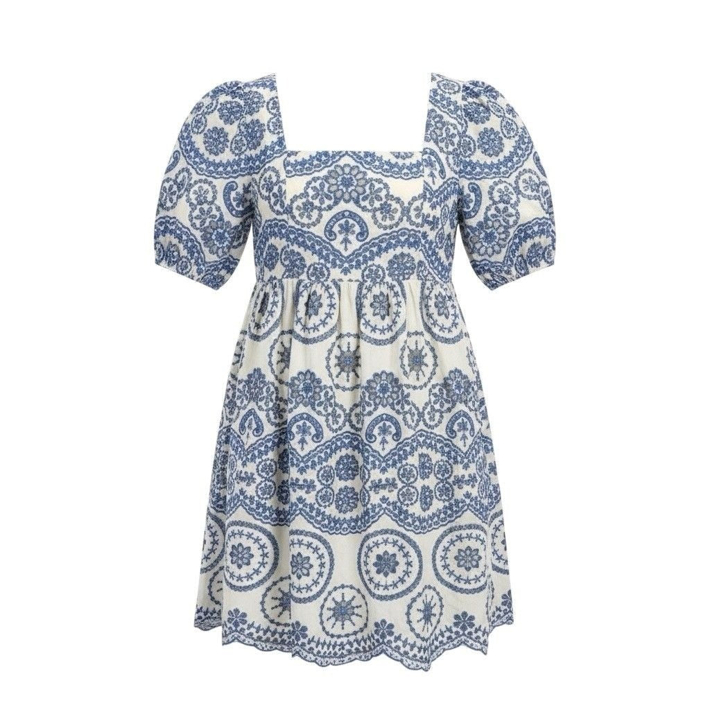 Sundayup Women White & Blue Embroidered Cotton Dress Square Neck Size L