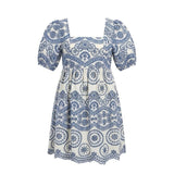 Sundayup Women White & Blue Embroidered Cotton Dress Square Neck Size L