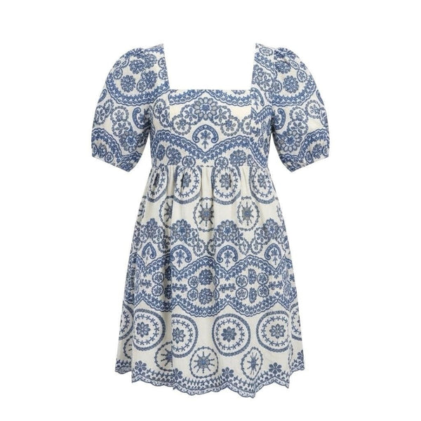 Sundayup Women White & Blue Embroidered Cotton Dress Square Neck Size L
