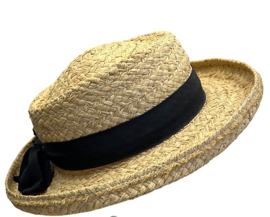 Vintage Straw Hat Black Ribbon Bow Design By Fiesta Santa Barbara One Size