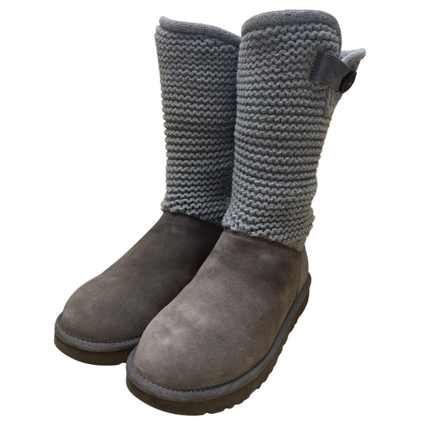 UGG Women’s Gray Knit Cuff & Suede Strap Detail Classic Pull-On Boots Size 8