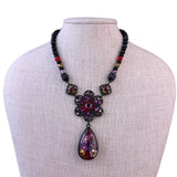 Chicos Womens Black Multi-Material Necklace With Teardrop Pendant & Red Crystals