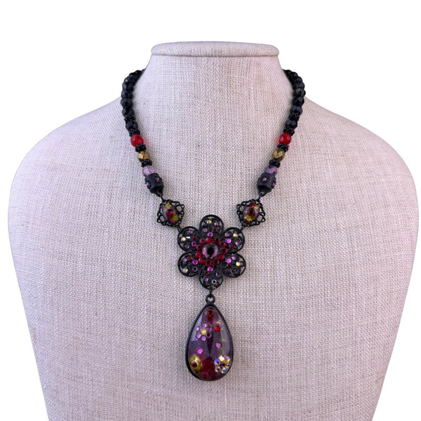 Chicos Womens Black Multi-Material Necklace With Teardrop Pendant & Red Crystals
