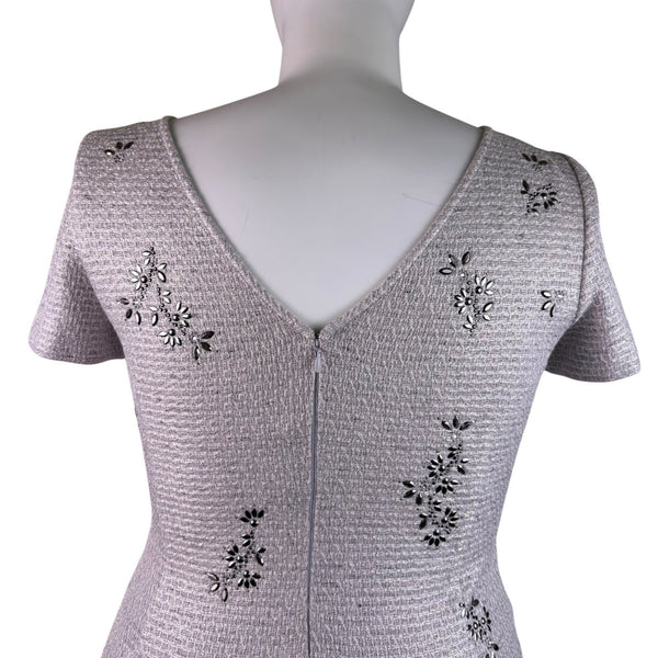 St. John Women’s Silver Sheath Metallic Dress Embroidered Short Sleeve Sz 12