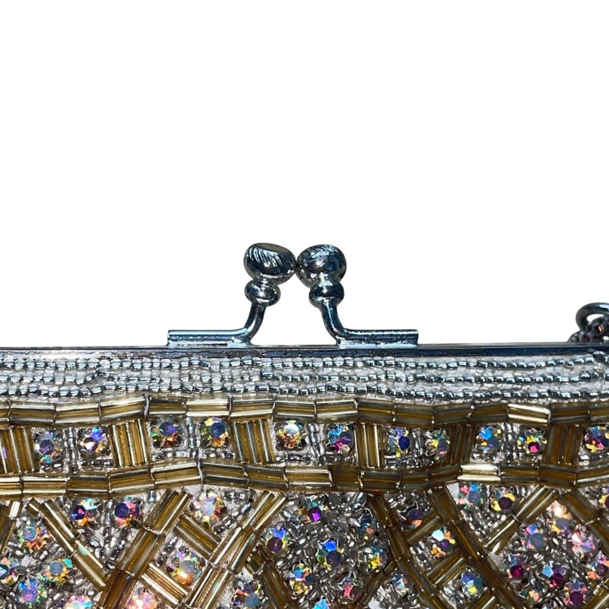 Vintage Women’s Gold Crystal Beaded Clutch Bag With Chain Strap & Satin Lining