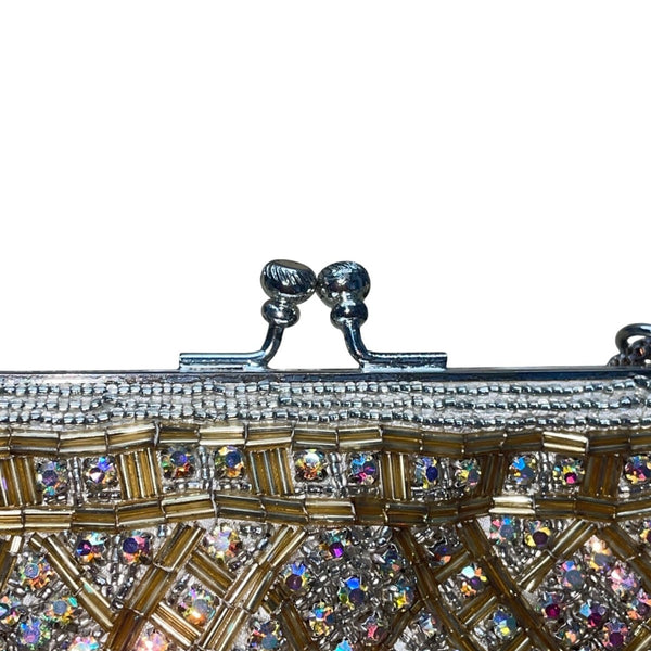 Vintage Women’s Gold Crystal Beaded Clutch Bag With Chain Strap & Satin Lining