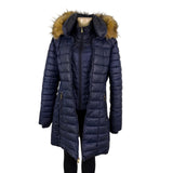 Guess Womens Navy Puffer Coat Faux Fur Hood Quilted Design Knee-Length Sz L