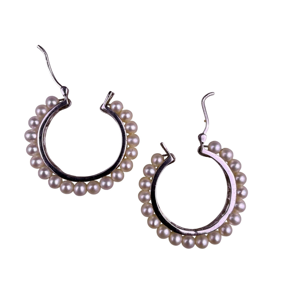 Sterling 925 Women Silver Tone Hoop Earrings Pearls Handmade Vintage