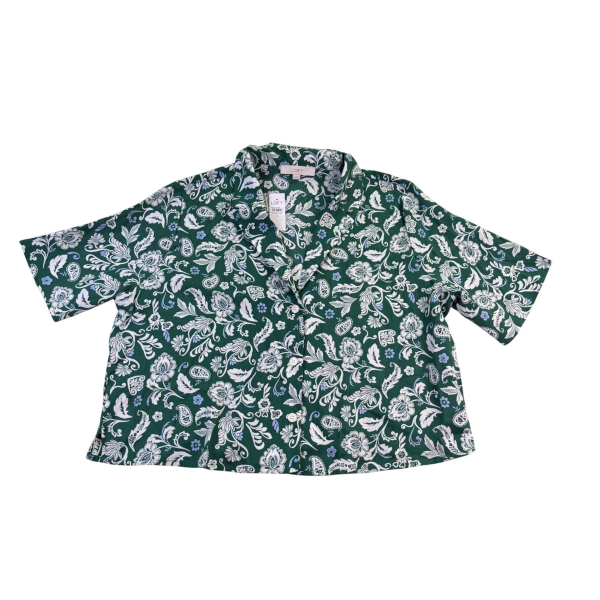 Loft Womens Green Floral Lyocell Short-Sleeve Button-Up Shirt Size XL