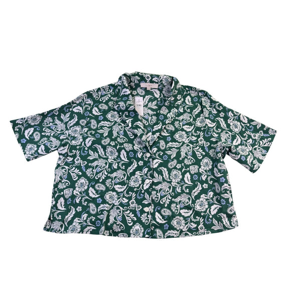 Loft Womens Green Floral Lyocell Short-Sleeve Button-Up Shirt Size XL
