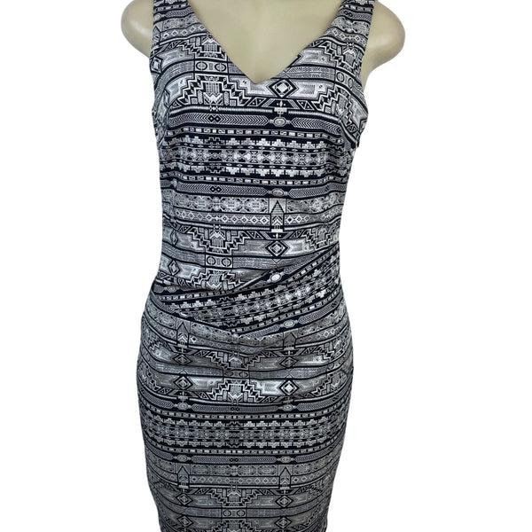 Nicole Miller Artelier Black & White Tribal Print Sleeveless Sheath Dress Sz 10