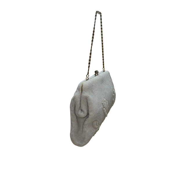 La Regale Women’s Ivory Beaded Floral Detail Evening Bag W/ Chain Strap