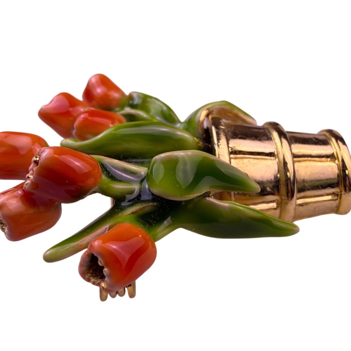 Vintage Gold Tone Enameled Brooch Orange & Green Tulip Flower Basket