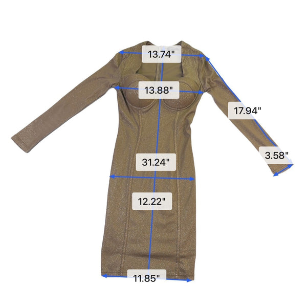 Entry Womens Gold Long-Sleeve Glitter Bodycon Elegant Style Dress Size S