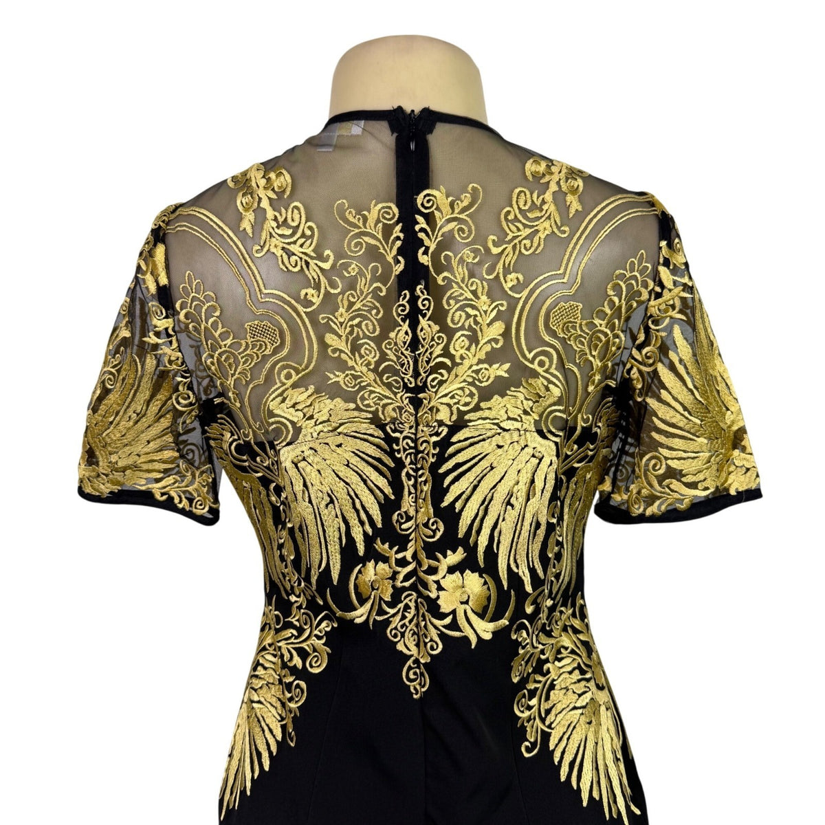 Joryaxuan Black & Gold Embroidered Sheath Dress Short Sleeve Mesh Detail Sz M