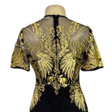Joryaxuan Black & Gold Embroidered Sheath Dress Short Sleeve Mesh Detail Sz M