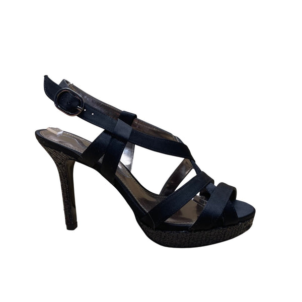 Nina Women's Black Satin Strappy Gelzana Slingback High Heels Size 7M