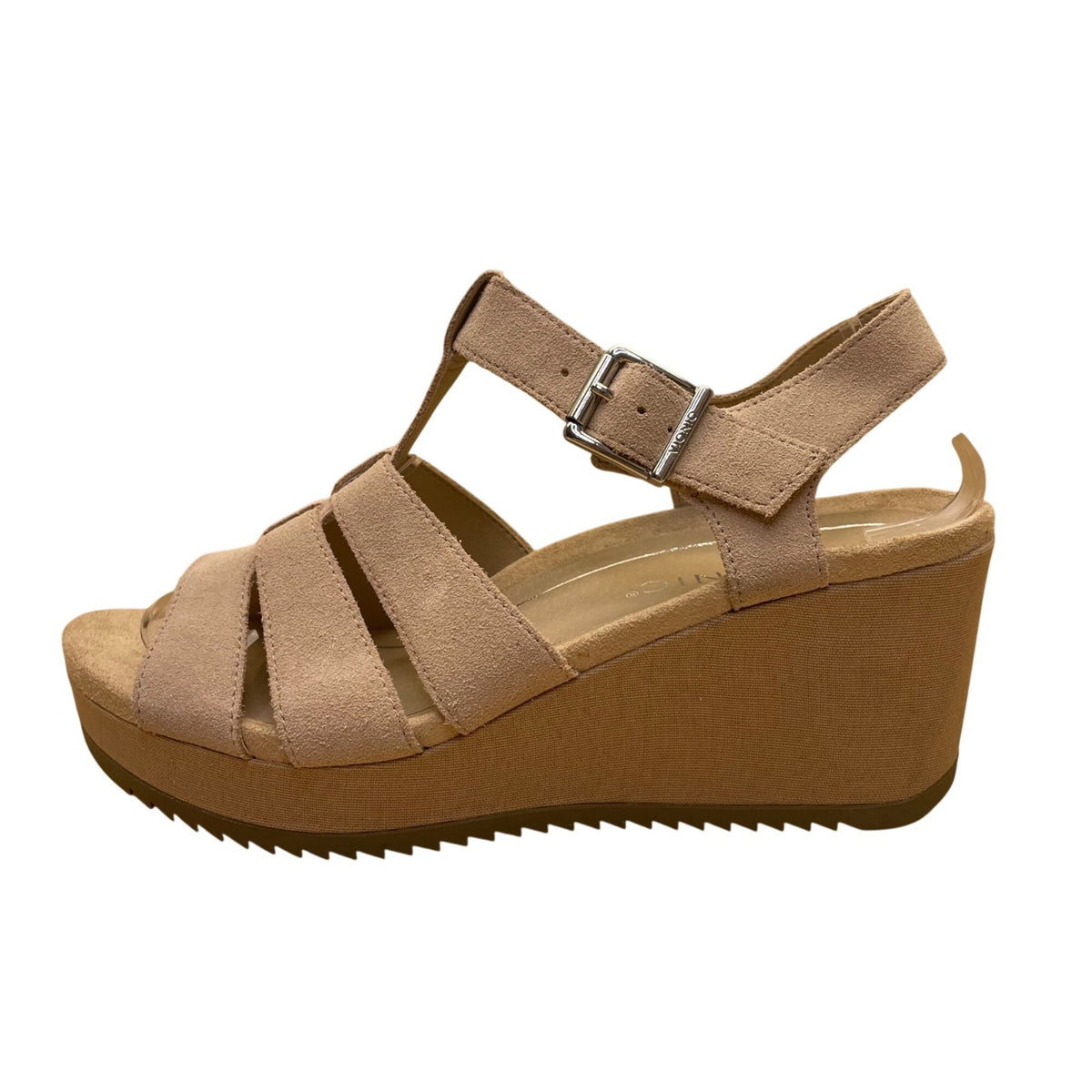 Women’s Beige Suede Strappy Style Adjustable Buckle Wedge Sandals Sz 8.5