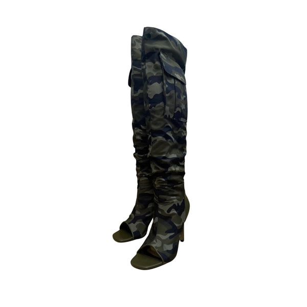 ShoeDazzle Women’s Green Camo Over-The-Knee High Heels Stiletto Boots Size 8