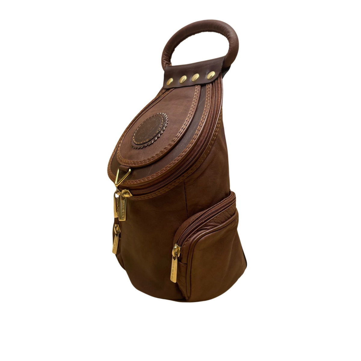 Giaccomo Men’s Brown Leather With Brass Zippers Crossbody Sling Backpack