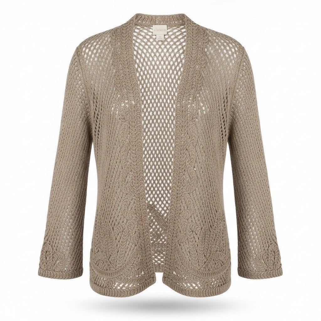 Chicos Womens Beige Cotton Open Knit Lightweight Cardigan Sweater Size 1