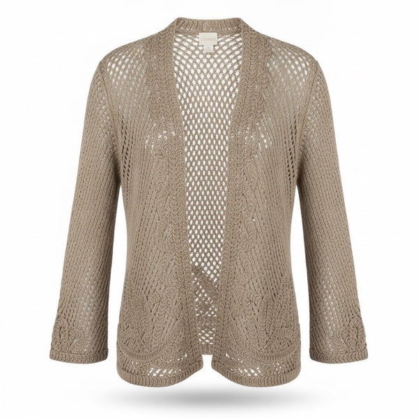 Chicos Womens Beige Cotton Open Knit Lightweight Cardigan Sweater Size 1
