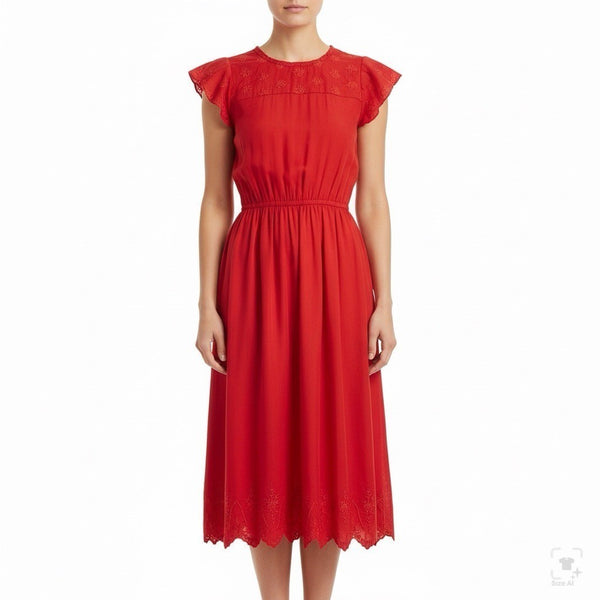 The Great Women’s Red Silk Embroidered Midi Dress Feminine Short Sleeves Size 0