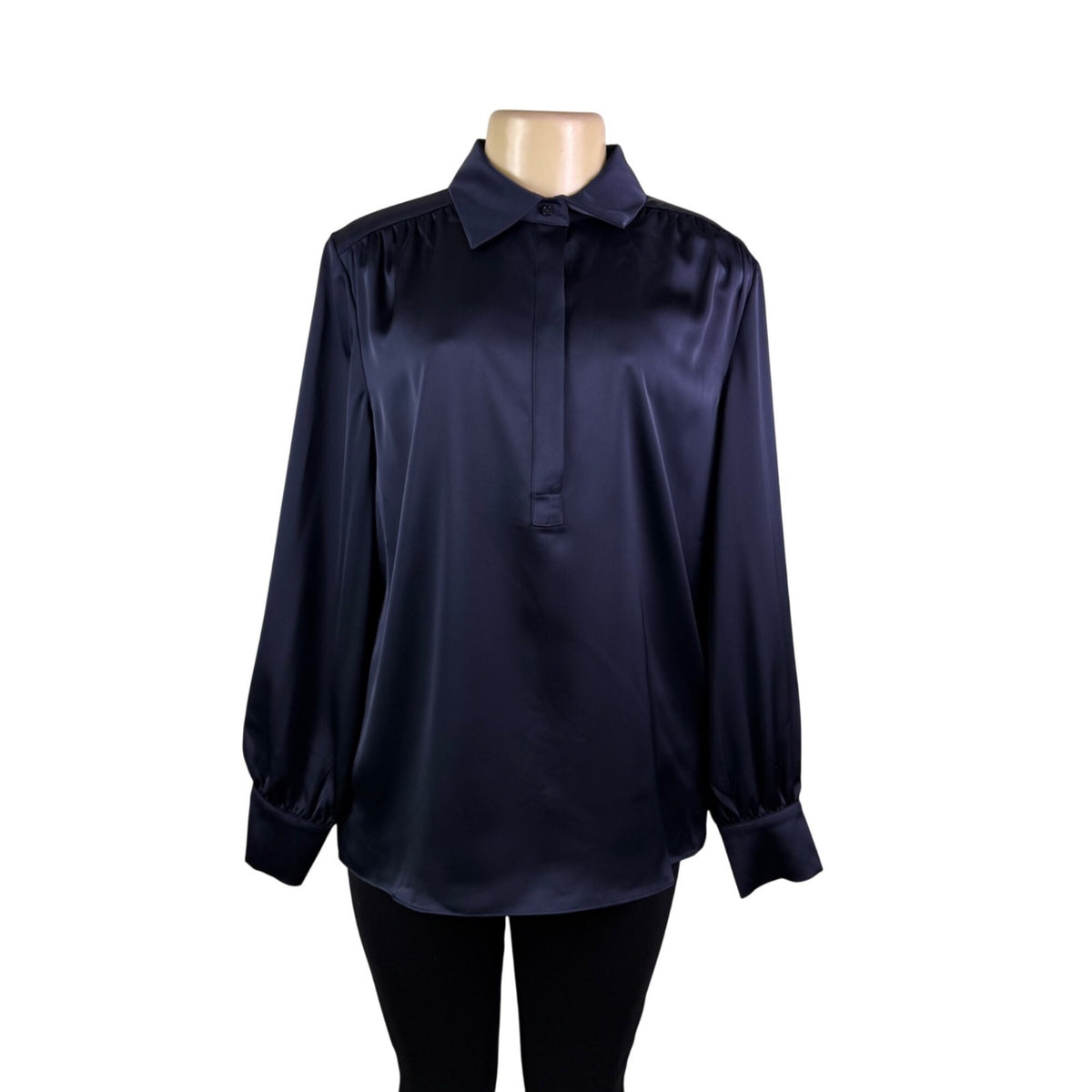 Brooks Brothers Womens Navy Satin Button-Up Collared Blouse Size 12 - New