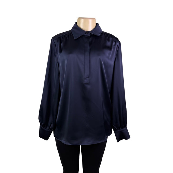Brooks Brothers Womens Navy Satin Button-Up Collared Blouse Size 12 - New
