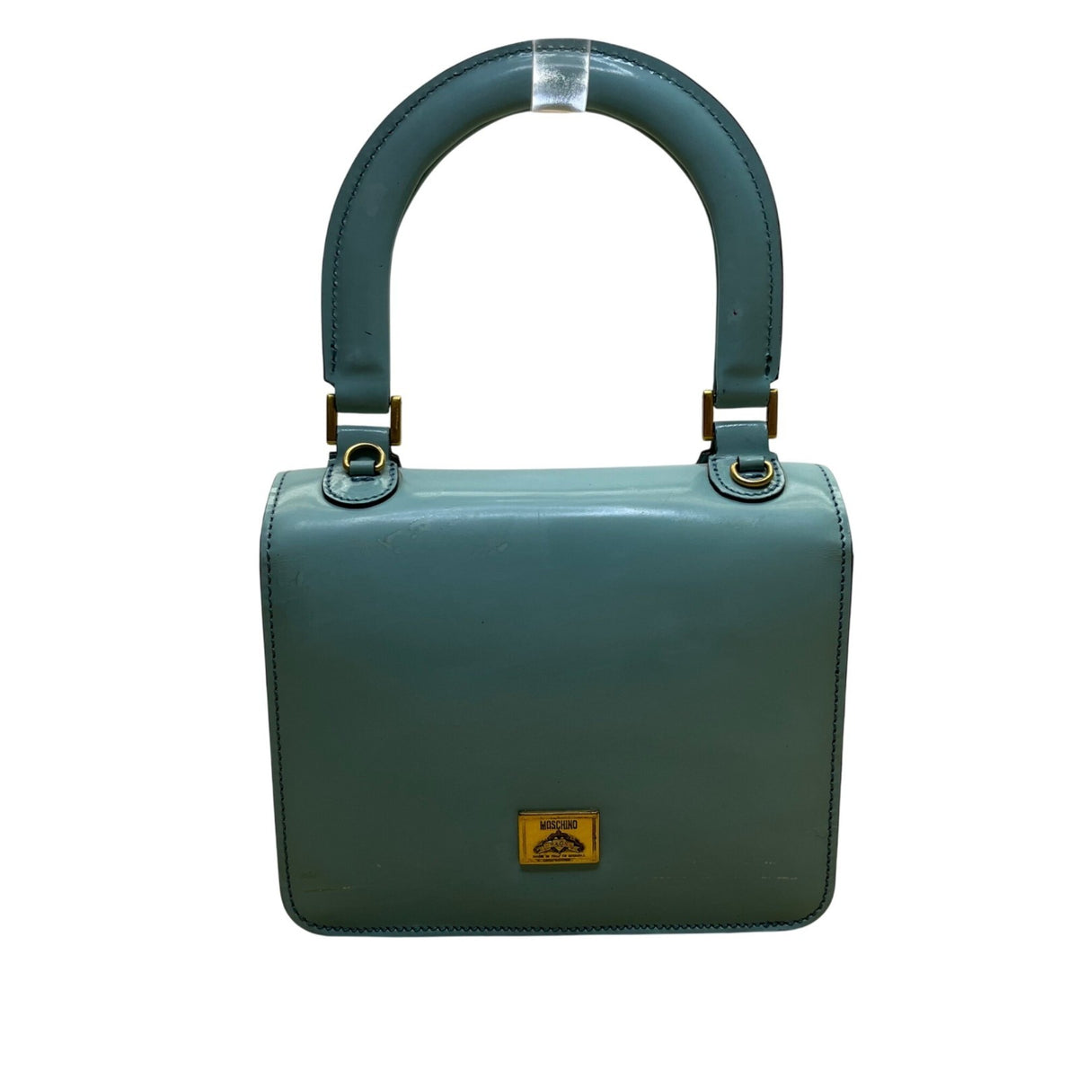 Moschino Women’s Light Blue Leather Gold Logo Hardware Structured Clutch Handbag