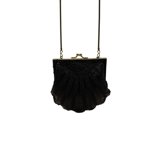 Carla Marchi Women’s Black Beaded Shell Design Metal Frame Evening Clutch