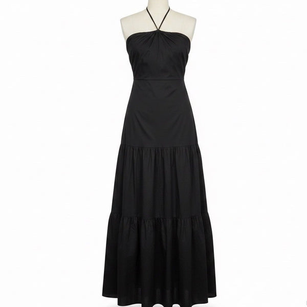 Aqua Womens Black Cotton Halter Neck Maxi Dress Lined Size Large