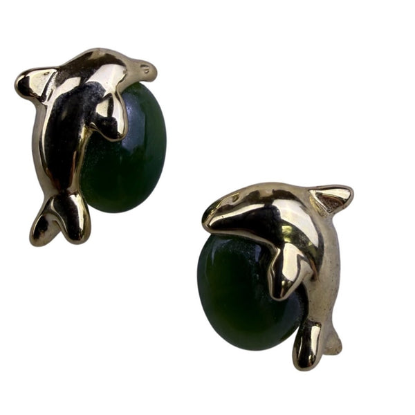 Spirit Of Alaska Womens Gold Tone & Jade Dolphin Earrings Gift Box 