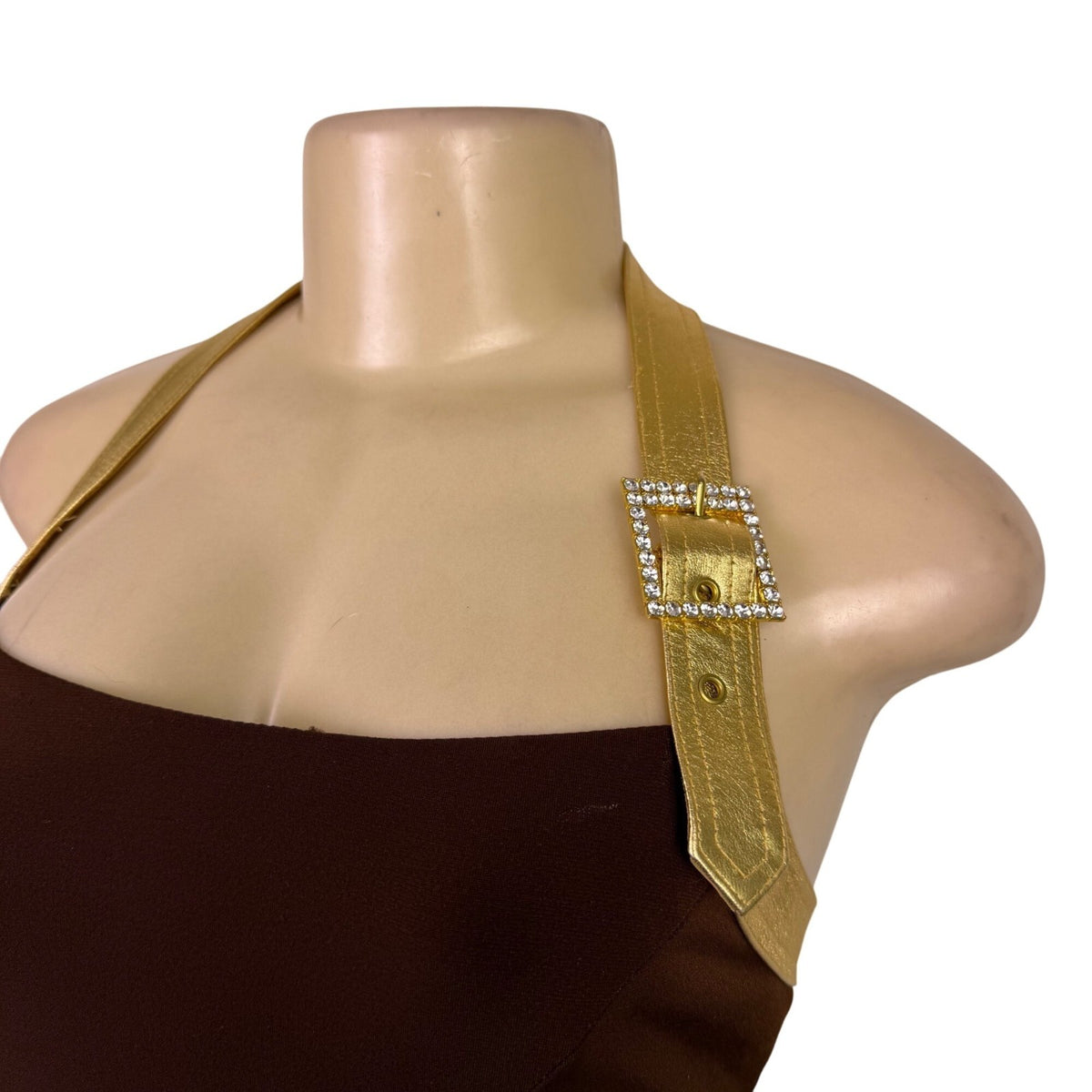 Cache Womens Brown Halter Maxi Gown With Metallic Gold Straps Sz 4