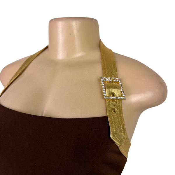Cache Womens Brown Halter Maxi Gown With Metallic Gold Straps Sz 4