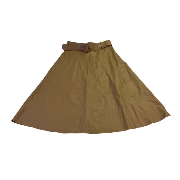 Zara Womens Tan Faux Leather Belted A-Line Midi Skirt Stylish Flared Design Sz S