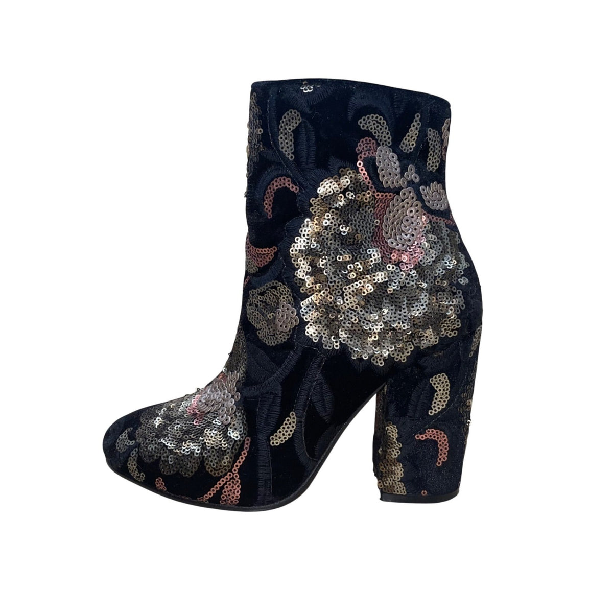 Aldo Women’s Black Velvet & Gold Sequin Floral Decor Fiery Ankle Boots Size 6