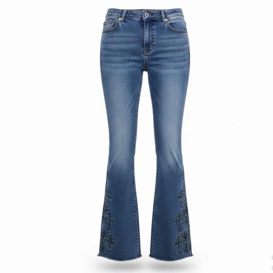 Bamboo Womens Blue Denim Embroidered Flare Jeans Raw Hem Size 7/28