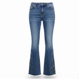 Bamboo Womens Blue Denim Embroidered Flare Jeans Raw Hem Size 7/28