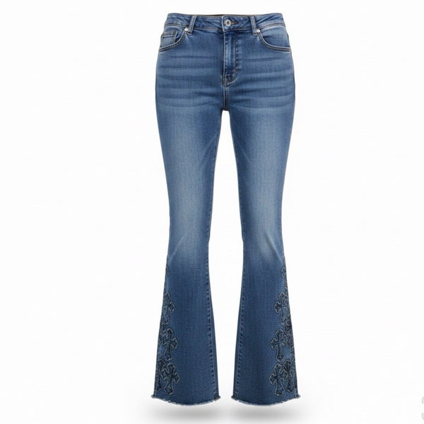 Bamboo Womens Blue Denim Embroidered Flare Jeans Raw Hem Size 7/28