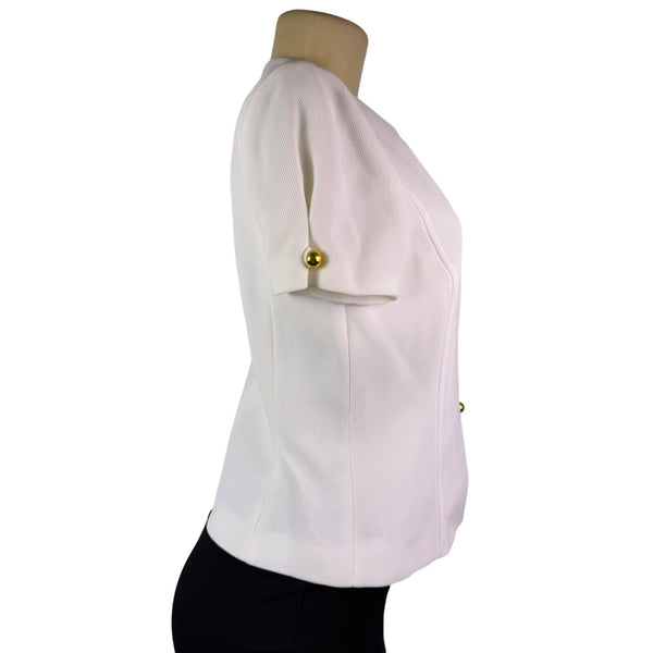 Tahari Womens White Polyester Short Sleeve Gold Button Detail Blouse Size 4