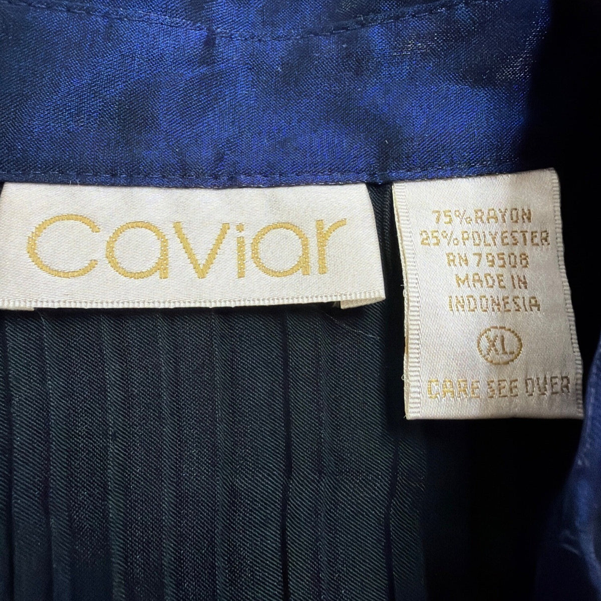 Caviar Womens Navy Satin Blend Pleated Button-Up Shirt Long Sleeve Sz XL