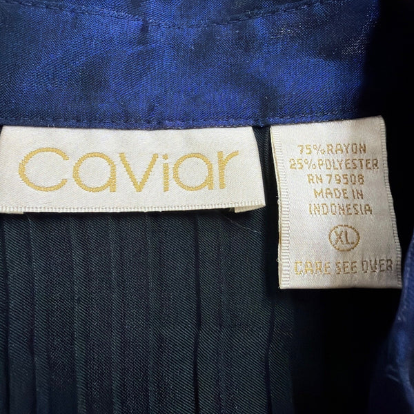 Caviar Womens Navy Satin Blend Pleated Button-Up Shirt Long Sleeve Sz XL