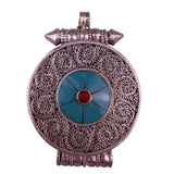 Tibetan Sterling Silver 925 Pendant Filigree Prayer Box Turquoise Coral Inlay