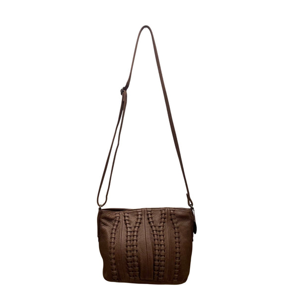 Day & Mood Women’s Brown Leather Woven Zip Closure Adjustable Crossbody Bag